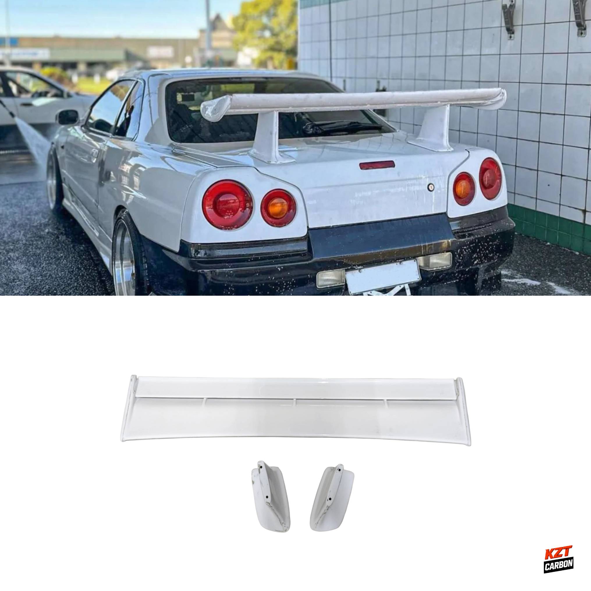 For Nissan Skyline R34 GTR GTT OE Style Fiberglass Unpaint Rear Spoiler with JUN High Spoiler Stand