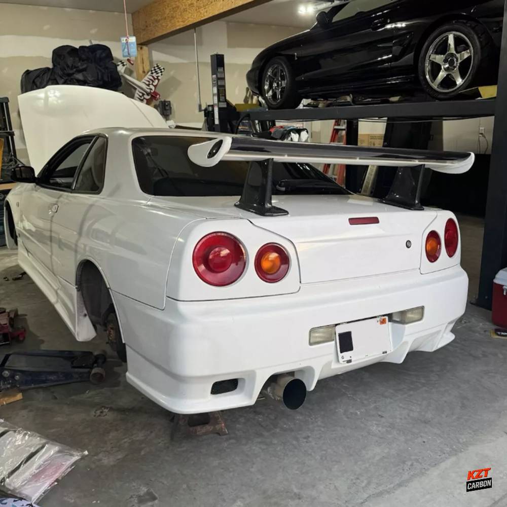 For Nissan Skyline R34 GTR GTT OE Style Trunk Spoiler Carbon In Blade & High Leg Partial Carbon Fiber (blade+caps+legs)
