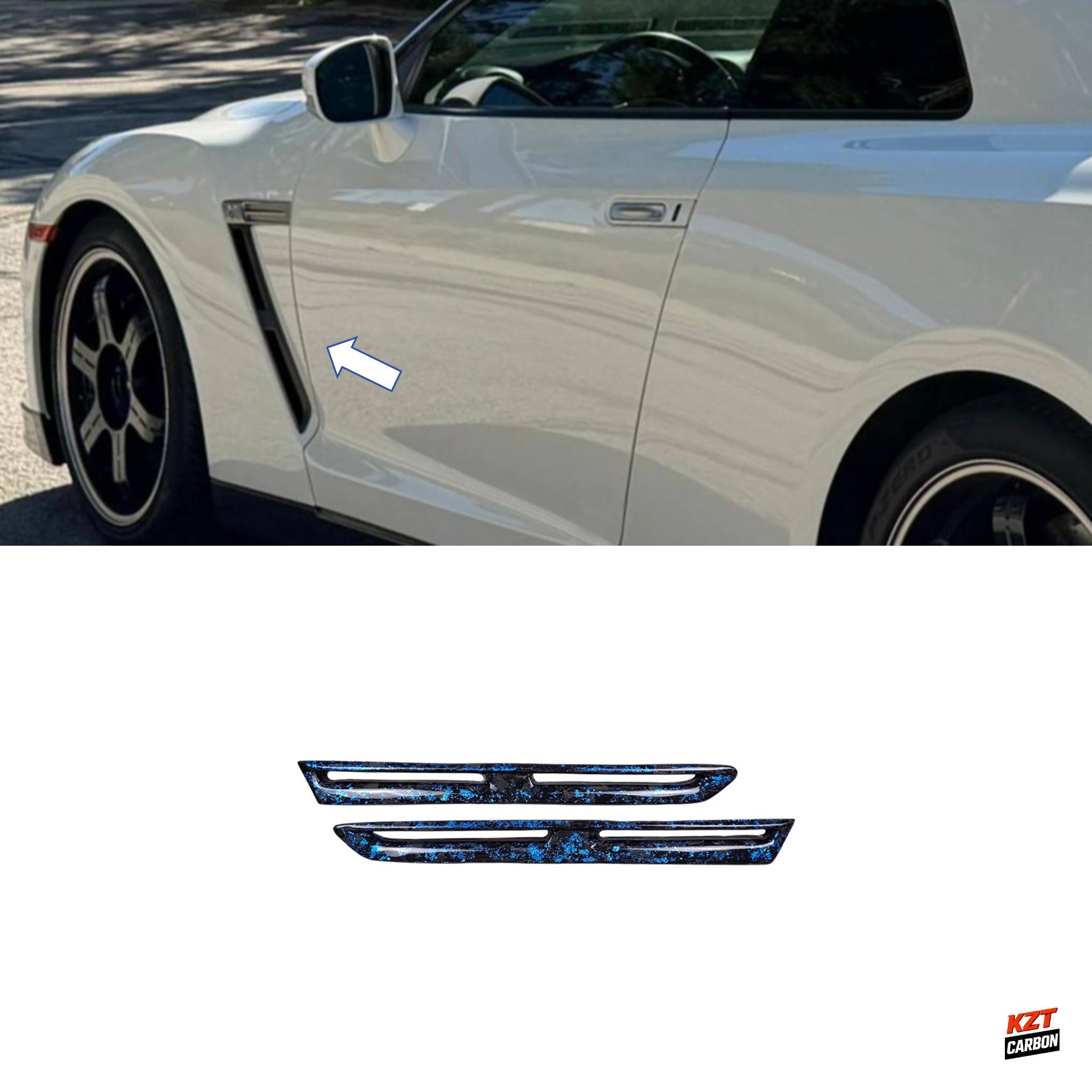 For Nissan R35 GTR OEM Front Fender Vents(Pairs) Blue Flakes Forged Carbon Fiber