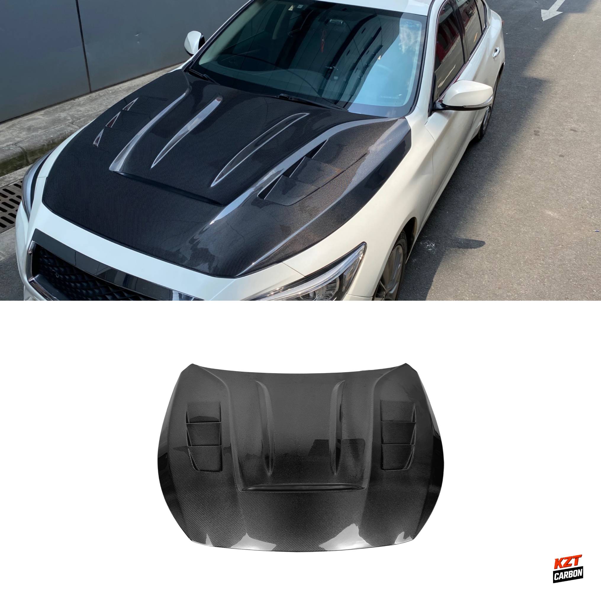 For Infiniti Q50 V37 AMS Style Carbon Fiber Front Bumper Vented Hood Bonnet