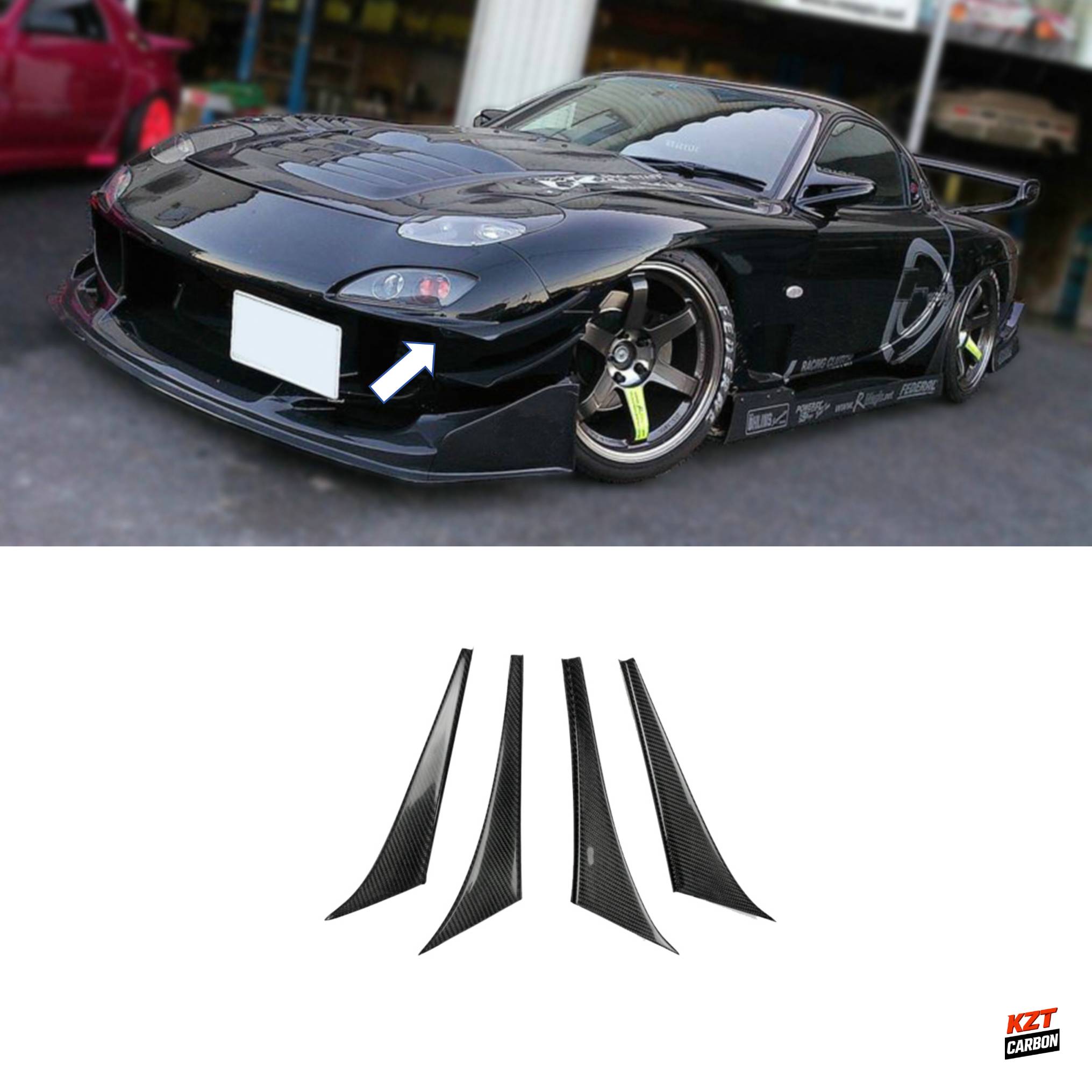 For Mazda RX-7 FD Coupe 2 Door 1991-02 R-Magic Carbon Front Bumper Canard 4pcs